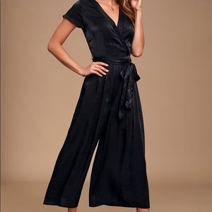 Lulus-Black Satin Short Sleeve Culotte Jumpsuit